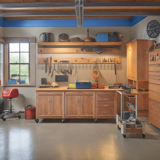 A clutter-free garage workshop with a rolling tool chest featuring a rich wood top, drawers, and cabinets, surrounded by tools and equipment, with a subtle hint of natural light.