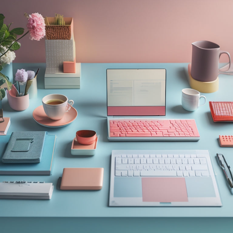 A tidy, modern desk with a laptop, a color-coded planner, and a few neatly arranged paper trays, surrounded by a subtle background of faint grid lines and gentle, pastel hues.