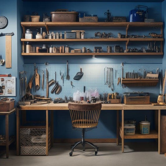 A clutter-free small workshop with a pegboard on the wall, holding neatly organized tools, and a rolling cart with labeled drawers, situated next to a workbench with a vice.