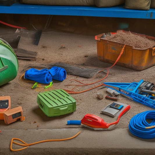 A cluttered construction site with scattered tools and debris, a laser level lying damaged on the ground, amidst broken concrete and tangled wires, contrasted with a clean, organized storage case in the background.