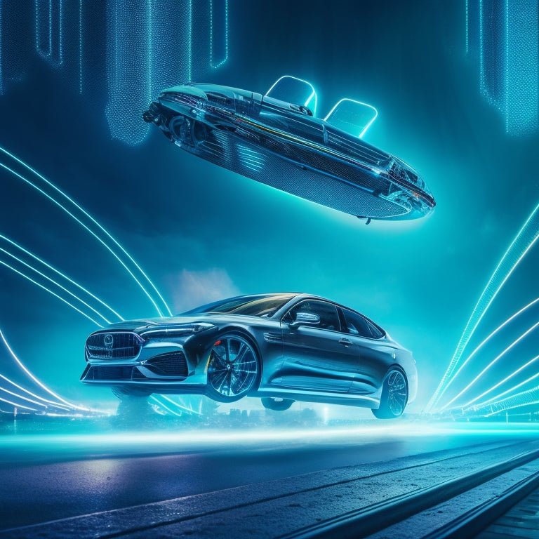 A futuristic, high-contrast illustration depicting a sleek, silver car suspended in mid-air, surrounded by orbiting automotive tools and machinery, with neon blue circuits and wires illuminating the dark background.