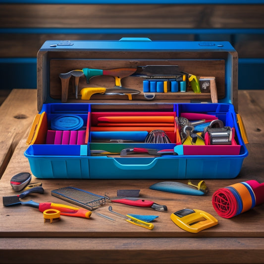 A clutter-free, compact toolbox with various tools organized using colorful elastic bands, magnetic strips, and a small, rotating parts tray, set against a clean, wooden workbench background.