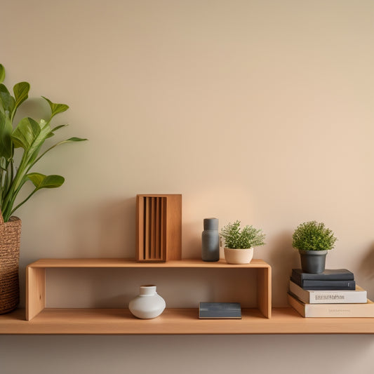 A tidy, minimalist room with three small, wall-mounted shelves in a natural wood tone, each holding a few, carefully arranged essential items like a vase, a book, and a small plant.