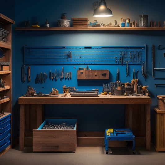 A tidy, well-lit workshop with a pegboard displaying neatly arranged tools, a labeled storage cabinet, and a workbench with a custom-made tray for small parts and a built-in vice.