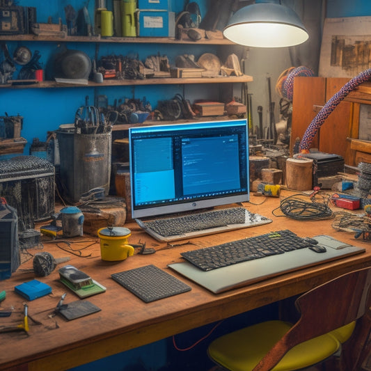 A cluttered workshop with scattered tools, half-finished projects, and tangled wires, contrasted with a clean and organized desk in the background, featuring a laptop with a well-structured project plan on the screen.