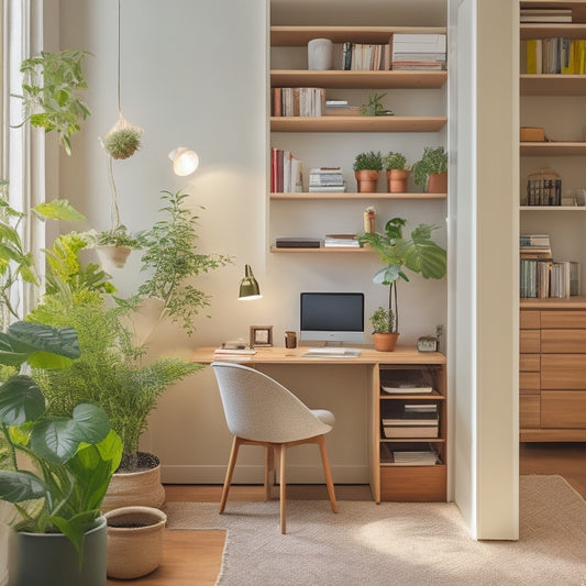 A clutter-free, minimalist small apartment with a Murphy bed, built-in shelving, and a compact desk tucked beneath a lofted storage area, surrounded by plants and soft, natural light.