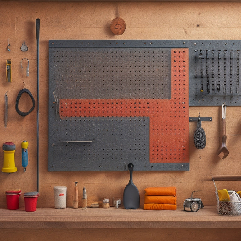 A well-organized pegboard with various tools and accessories hung from hooks of different sizes, against a clean workshop background with a subtle wood grain texture.