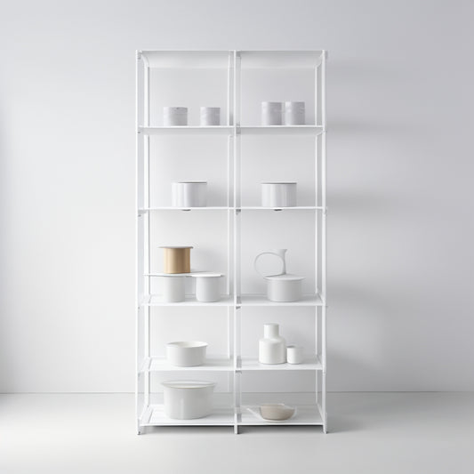A modern, white shelving unit with 5 tiers, each holding 3-4 interchangeable plastic bins in various sizes and colors, against a light gray background with soft, natural lighting.