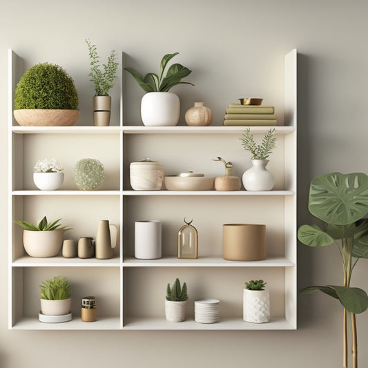A stylized, minimalist illustration of a modern home interior featuring five different shelf units with hooks, each with tasteful decorative items and lush greenery, against a soft, creamy background.
