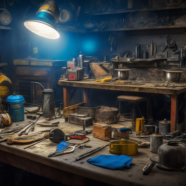 A cluttered workbench with various welding tools and equipment, including a MIG welder, welding helmet, gloves, safety glasses, and a variety of metal scraps and rods in the background.