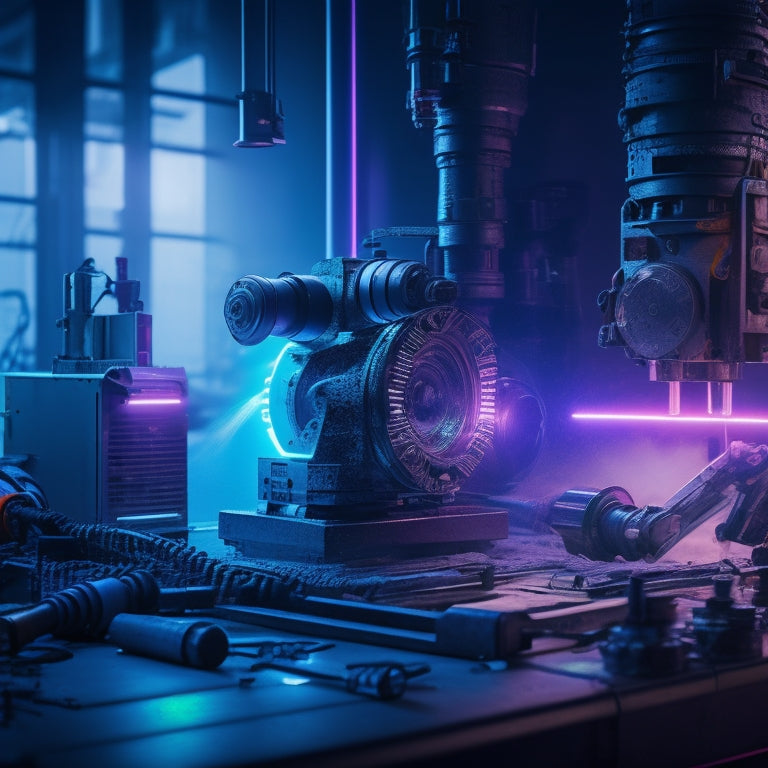 A futuristic workshop background with sleek, metallic surfaces and neon lights. A robotic arm holds a precision-crafted mechanical part, surrounded by various SP Tools, with sparks flying and gears turning in the foreground.