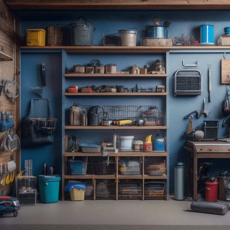 A cluttered garage with scattered tools and equipment, transitioning to an organized space with labeled bins, hanging shelves, and a pegboard, with a few strategically placed DIY storage hacks.