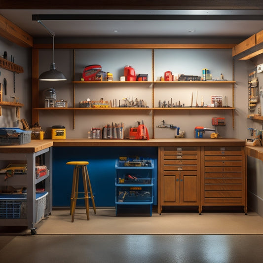 A well-lit garage with a sturdy, L-shaped workbench featuring a vice, various tool holders, and a built-in pegboard, surrounded by floor-to-ceiling storage cabinets and bins labeled with icons.