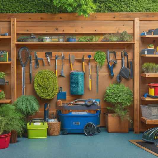 A clutter-free, organized garage with a compact tool chest, labeled bins, and a pegboard adorned with neatly hung pruning shears, hedge clippers, and a leaf blower, surrounded by a lush greenery backdrop.