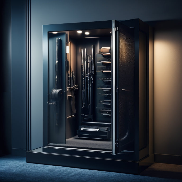 A sleek, modern gun safe with a transparent glass door, illuminated from within, showcasing a row of handguns and rifles, with a built-in screwdriver holder on the interior wall.