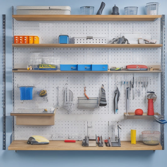 A clutter-free garage featuring a pegboard with organized tools, a wall-mounted foldable workbench, and a shelving unit with labeled bins, all set against a clean, white background.