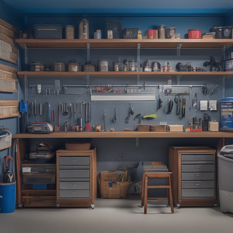 A tidy, well-lit garage with a pegboard covered in neatly organized tools, a rolling cabinet with labeled drawers, and a wall-mounted folding workstation with a built-in vice.