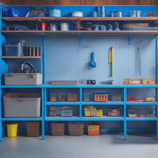 A tidy garage with a pegboard displaying organized tools, a sliding storage bin, and a corner shelf with labeled baskets, set against a clean and well-lit background.