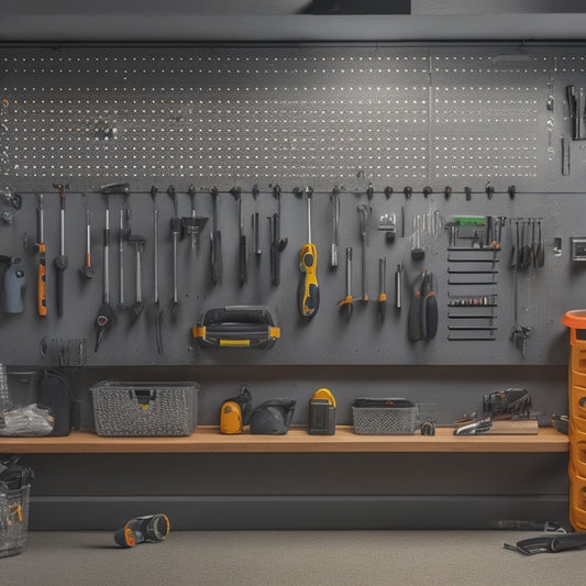 A well-lit, modern garage with a large VonHaus pegboard on the wall, adorned with neatly organized tools, including wrenches, screwdrivers, hammers, and pliers, against a clean, gray background.