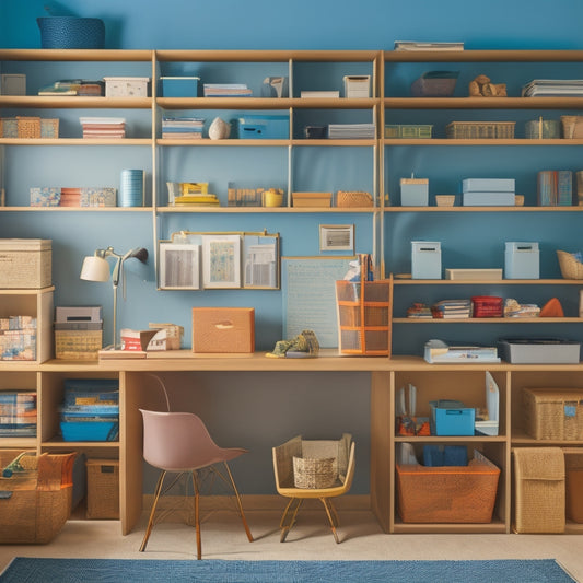 A tidy room with multiple wall-mounted shelves, baskets, and bins of varying sizes, shapes, and materials, holding organized office supplies, books, and decorative items, surrounded by minimal clutter.