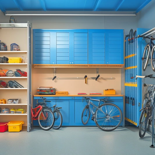 A well-organized garage with sleek, silver storage cabinets, slatwall with hooks, and a pegboard filled with tools, surrounded by a clean, epoxy-coated floor and a few neatly parked bicycles.