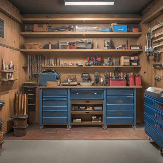 A well-organized garage with a large, sturdy metal tool storage drawer unit in the center, surrounded by various tools and machinery, with a few drawers slightly ajar, revealing neatly arranged contents.