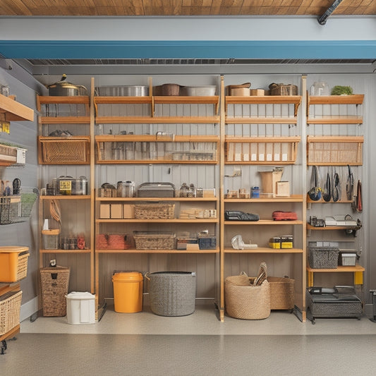 A well-organized garage with a slatwall featuring hooks, bins, and baskets, a workstation with a vice, a pegboard with tools, and a floor-to-ceiling shelving unit with labeled storage containers.