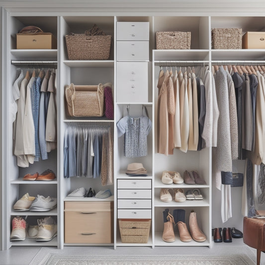 A tidy closet with a hanging organizer system, featuring 5-7 compartments of varying sizes, filled with neatly arranged clothes, shoes, and accessories in a soft, natural light.