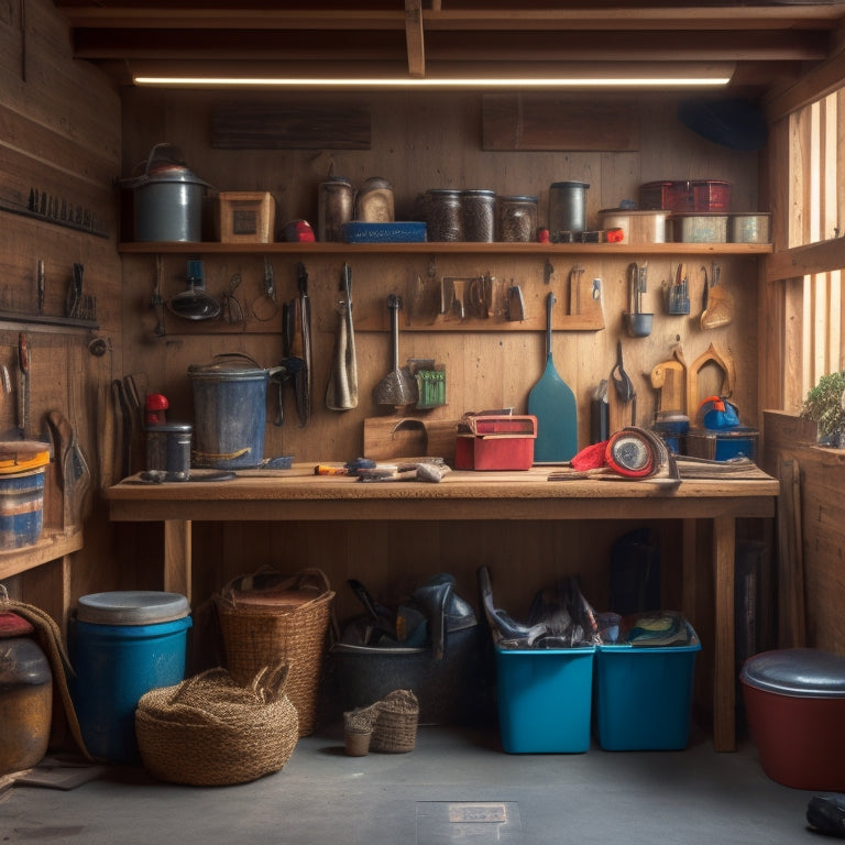 A cluttered small shed interior with tools scattered on a workbench and floor, contrasted with a tidy organized section featuring a pegboard, hooks, and labeled bins, amidst a warm natural light setting.