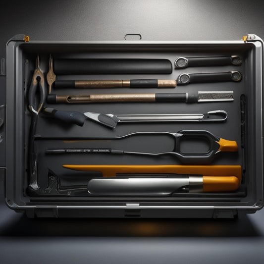 A sleek, modern toolbox with a metallic mounting plate attached to the wall, holding various tools like wrenches, pliers, and screwdrivers in an organized and visually appealing manner.
