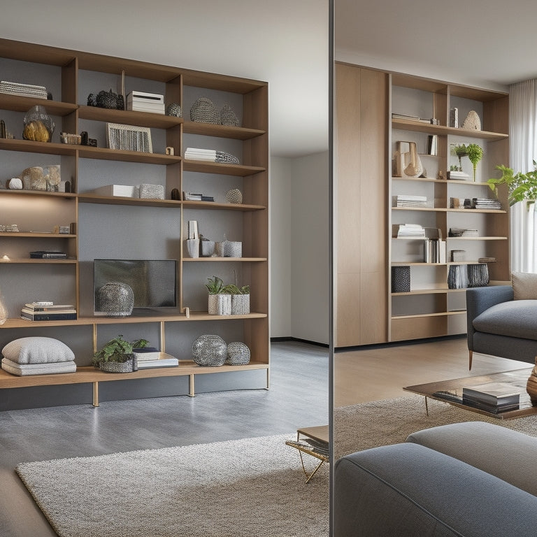 A modern, sleek living room with floor-to-ceiling shelving units, hidden compartments, and sliding drawers, showcasing a clutter-free space with a few stylishly arranged decorative objects.