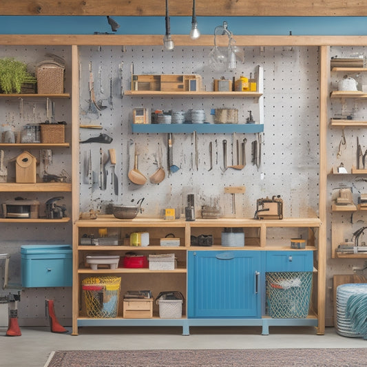 A clutter-free home workshop with a pegboard backdrop, showcasing a mix of hanging tools, stacked storage bins, and a rolling cabinet with labeled drawers, all in a bright, well-lit space.