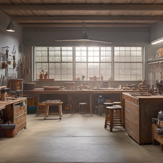 A well-lit, spacious workshop with wooden workbenches, organized toolboxes, and a large pegboard covered in hanging tools, surrounded by a clutter-free, polished concrete floor and large windows.