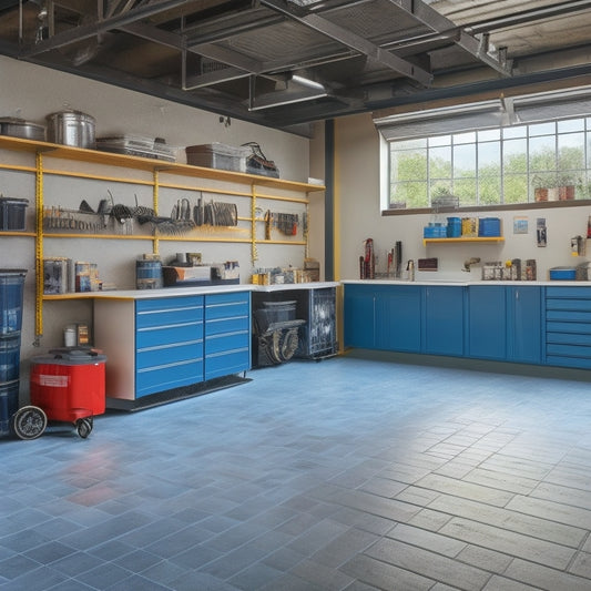 A clutter-free garage with a slatwall, organized tool stations, labeled bins, and a sleek epoxy-coated floor, featuring a parked car and a few well-placed decorative elements.