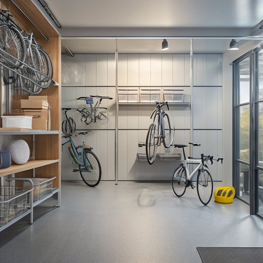 A clutter-free garage interior with sleek, silver metal shelving units, transparent storage bins, and a slotted wall system holding bicycles, tools, and sports equipment, illuminated by soft, natural light.