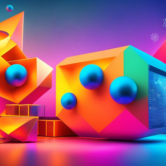 A futuristic, minimalist background with geometric shapes and bright colors, featuring a large, glowing puzzle piece surrounded by orbiting math symbols, formulas, and 3D graphs.