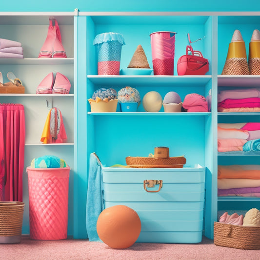 A colorful illustration of a refreshing summer scene: a organized closet with stacked storage bins, a fan blowing on a shelf, and a few swimsuits hanging amidst a backdrop of ice cream cones and sunglasses.