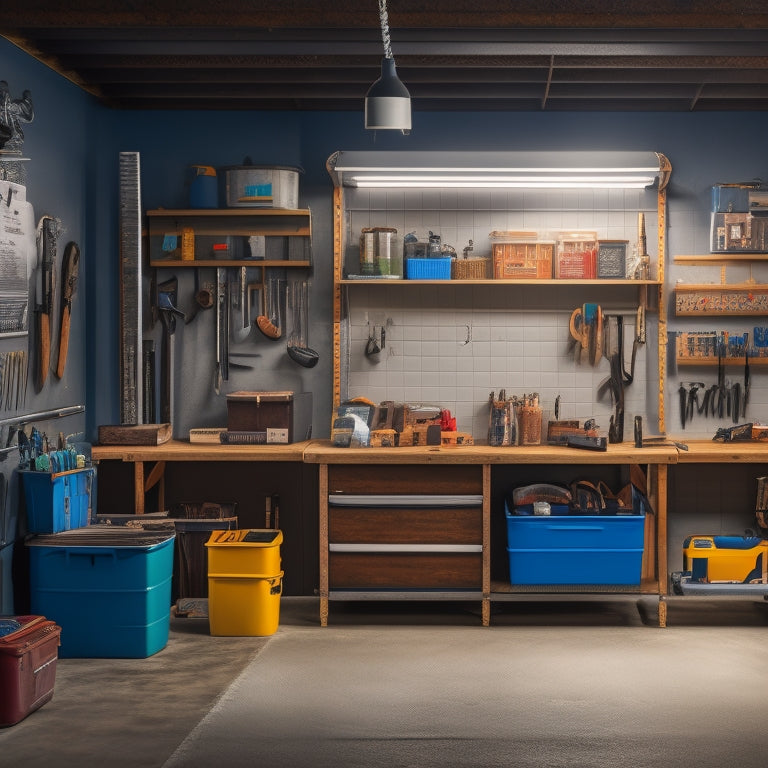 A well-lit garage with a pegboard on the left, holding neatly arranged wrenches and hammers, and a modular storage system on the right, featuring labeled bins and a workbench with a vice.