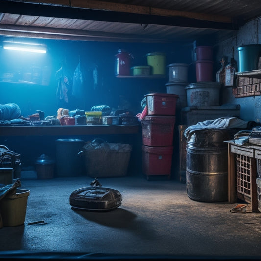 A dimly lit garage interior with cluttered shelves, dusty tools, and scattered boxes, featuring a few mysterious objects peeking out from beneath a torn tarp, surrounded by cobwebs and shadows.