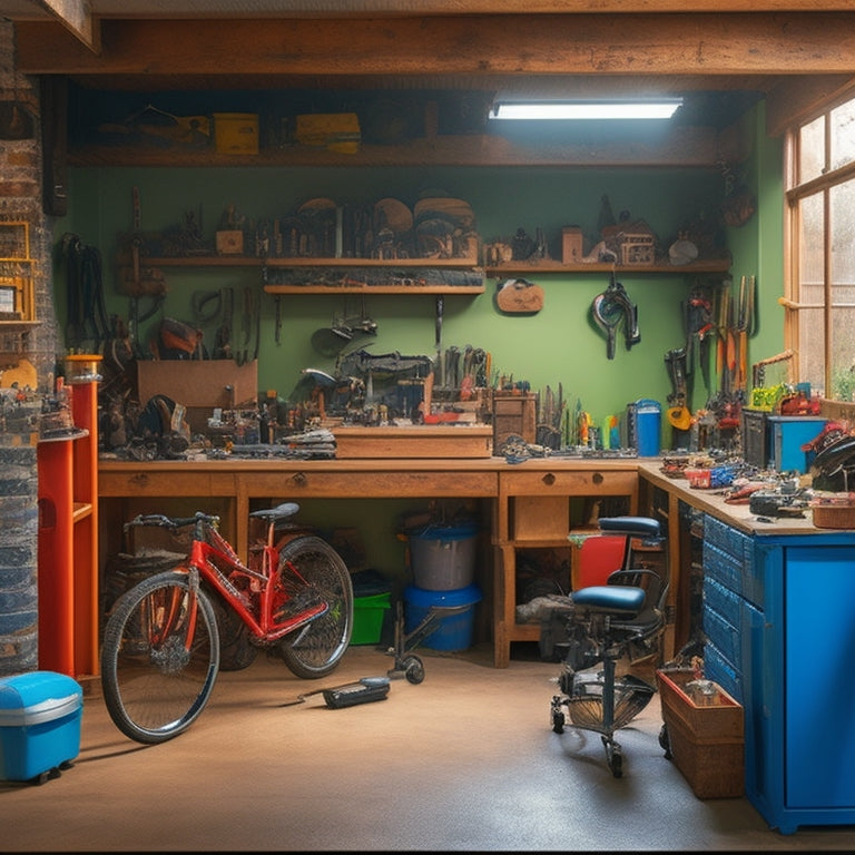 A cluttered garage workshop with a workbench in the corner, tools scattered everywhere, and a bike and lawnmower obstructing the walkway, contrasted with a clean and organized workshop in the background.