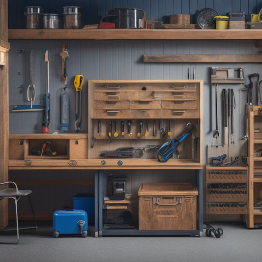 A clutter-free garage with a pegboard holding various tools, a toolbox with dividers, and a rolling cabinet with labeled drawers, all set against a background of a partially completed DIY woodworking project.