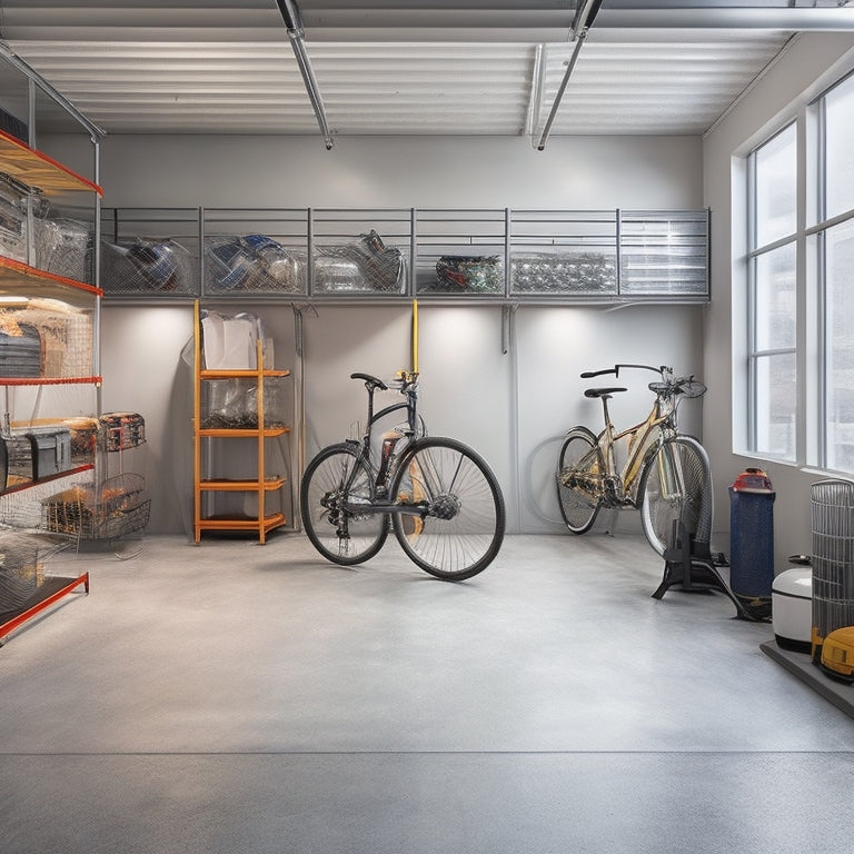 A clutter-free garage with sleek, silver storage racks, suspended from the ceiling, holding bicycles, tools, and bins, surrounded by polished concrete floors and warm, industrial-chic lighting.