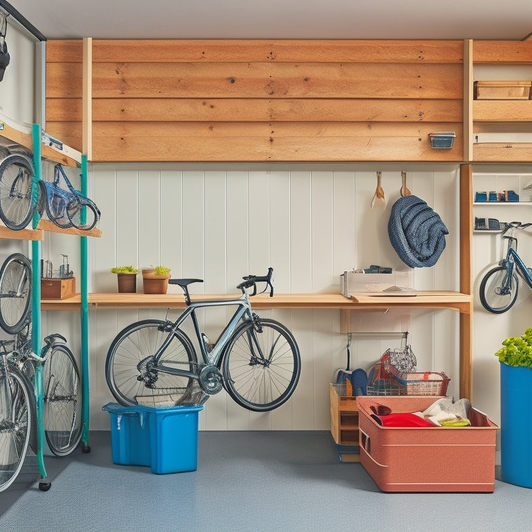 A tidy garage with a sleek, silver bicycle mounted on a wall-mounted rack, surrounded by neatly organized storage bins, hooks, and a workbench with a toolbox and a few scattered bike accessories.