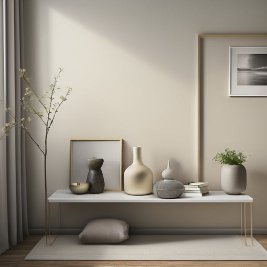 A serene, minimalist room with a few carefully placed possessions: a vase on a sleek console table, a few books on a floating shelf, and a single, elegant chair against a calm, beige wall.