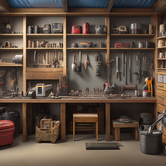 Generate an image of a well-organized garage workshop with a sturdy, wall-mounted tool rack holding a variety of heavy-duty power tools, surrounded by neatly arranged storage bins and a workbench.
