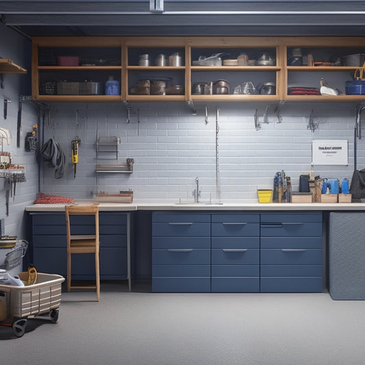 A well-lit, clutter-free garage with a slatwall adorned with hanging bins, baskets, and hooks, a labeled pegboard, and a sleek, silver workbench with a neatly organized toolbox.