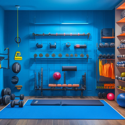 A well-lit, modern home gym with a large, wall-mounted pegboard featuring various exercise equipment and accessories, such as dumbbells, kettlebells, and resistance bands, organized by type and color.