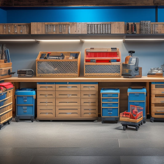 A clutter-free workshop background with 5-7 portable rolling tool boxes in various sizes, shapes, and materials, each with open drawers or compartments revealing organized tools and accessories.