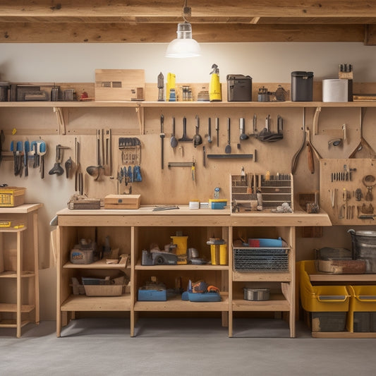 A clutter-free workshop with a wooden workbench, surrounded by organized tool storage units, including a pegboard with hanging tools, a rolling cabinet, and a wall-mounted shelving system with labeled bins.