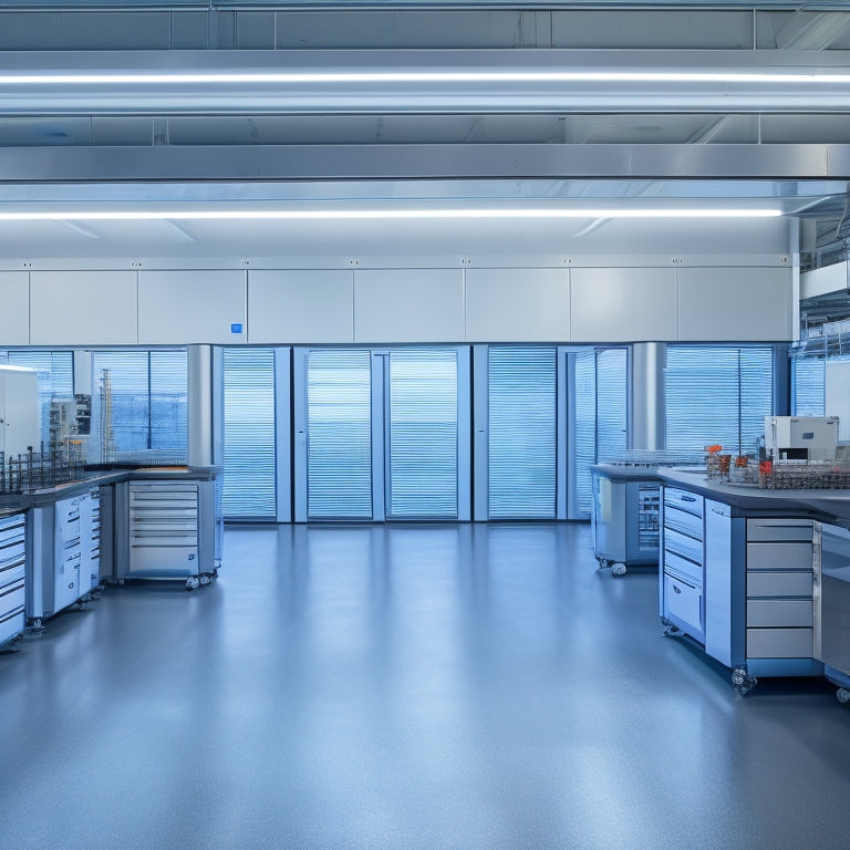 A futuristic industrial workshop with rows of sleek, high-gloss tool cabinets featuring automated sliding drawers, LED lighting, and precision-cut metal components, set against a backdrop of polished concrete and stainless steel.